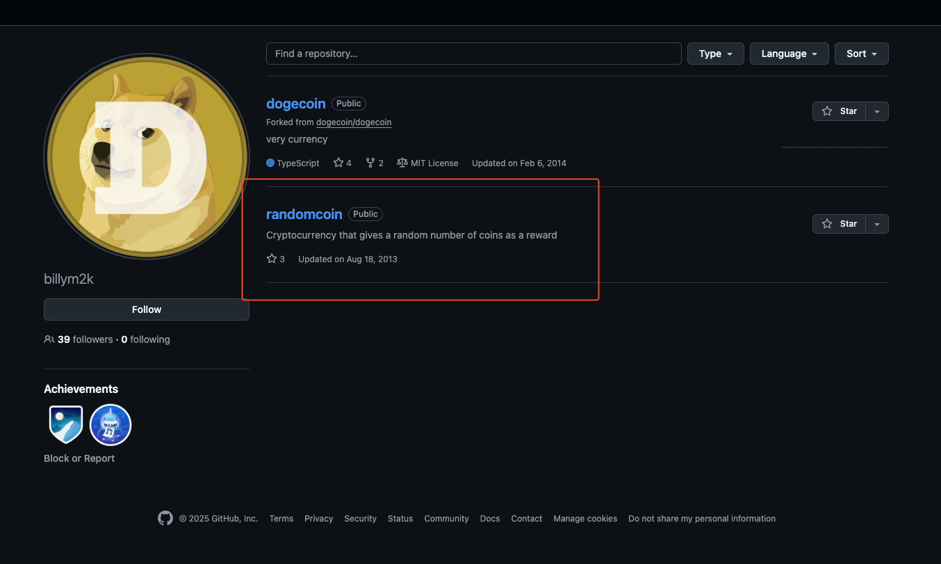 billym2k GitHub showing randomcoin